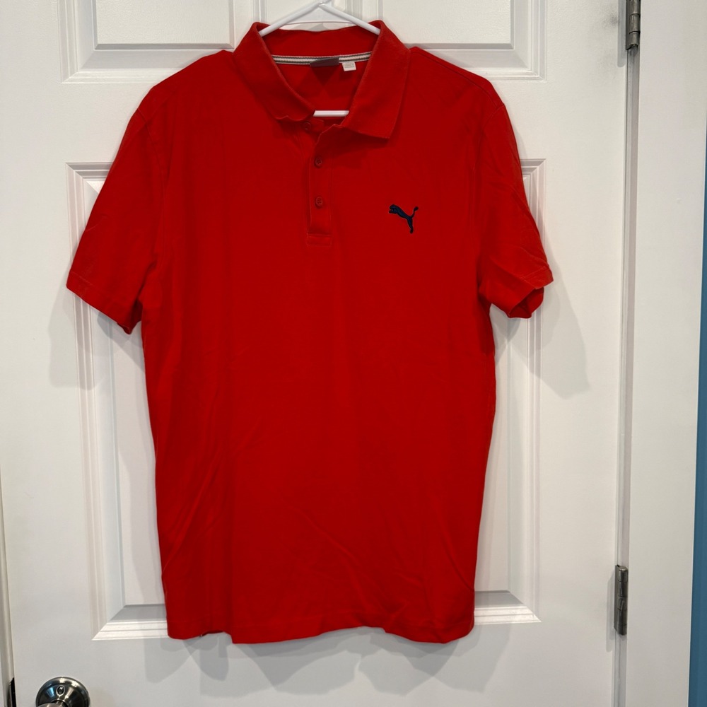 Puma Mens Red Short Sleeve Pique‎ Polo Shirt Logo Size Large Golf Top